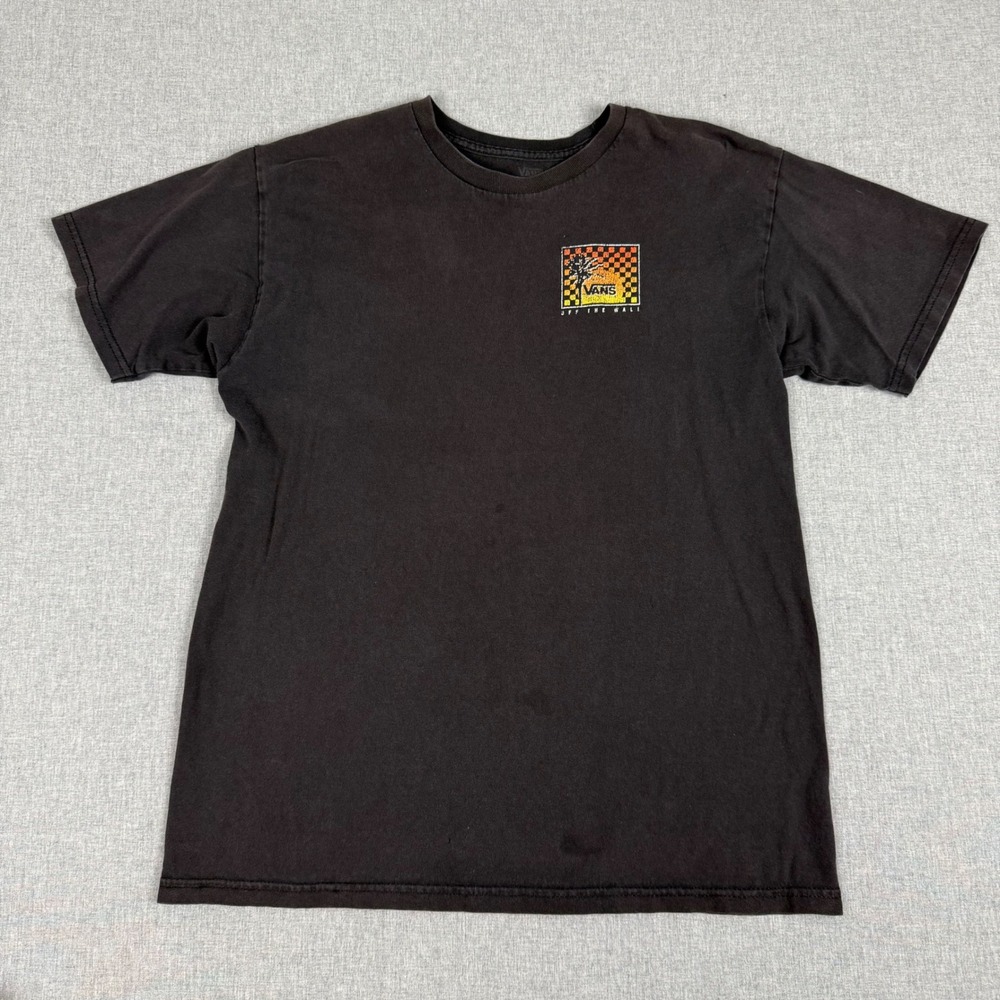 Vans Off The Wall Black Graphic T-Shirt Mens Size Small Palm Tree Checkerboard